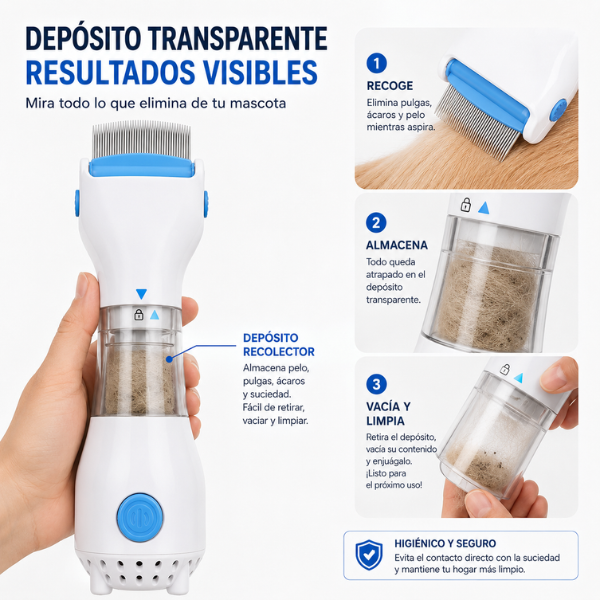 FleaAway Pro™ – Peine Aspirador 2en1 Antipulgas para Perros y Gatos