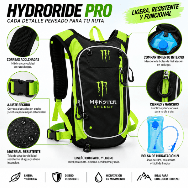 HydroRide Pro – Mochila de Hidratación 2L Antifugas | Moto, MTB y Trail